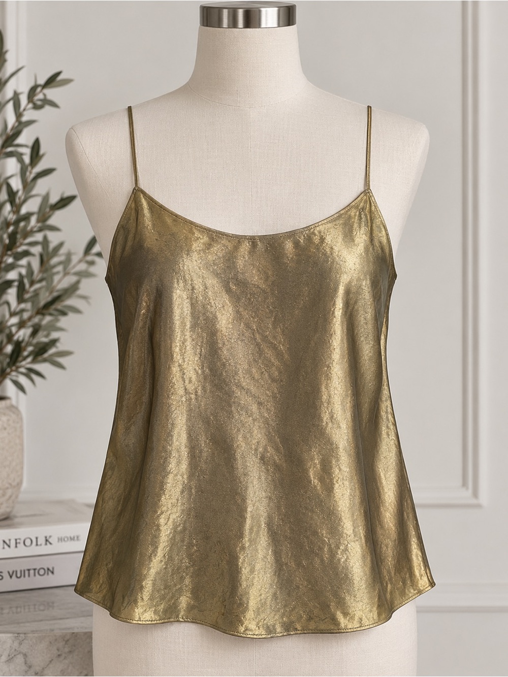 Vince Metallic Olive Gold Satin Cami Tank Top Small 100% Acetate